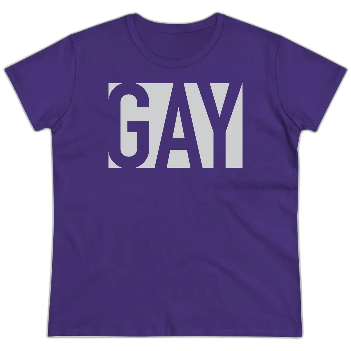 Bold gray and white typography design with the word 'GAY' in large, thick sans-serif letters on a light background in Purple