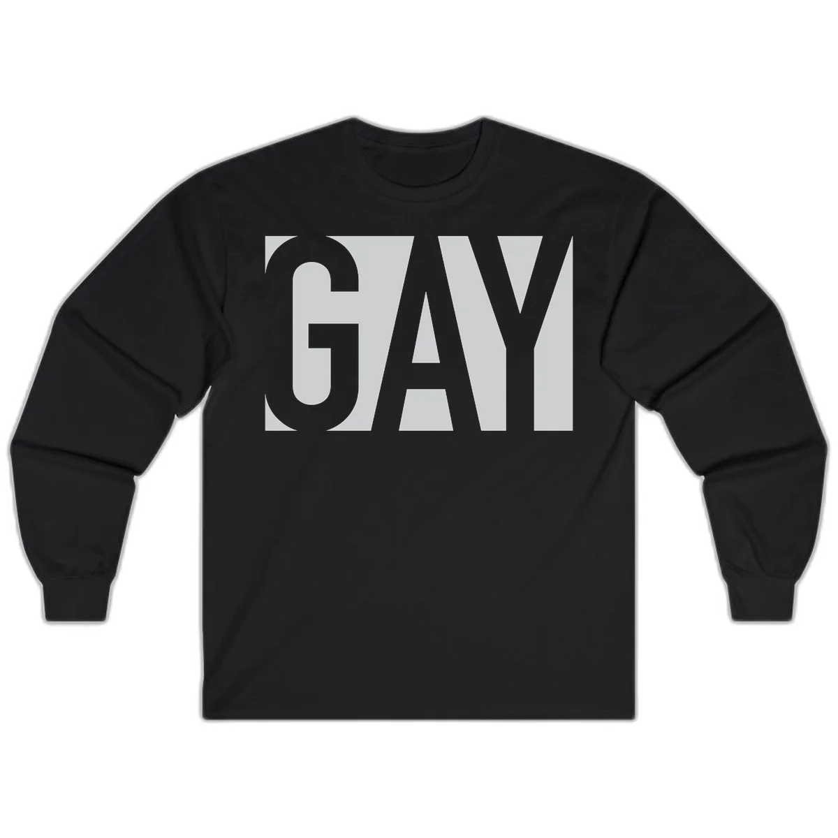 Bold gray and white typography design with the word 'GAY' in large, thick sans-serif letters on a light background in Black