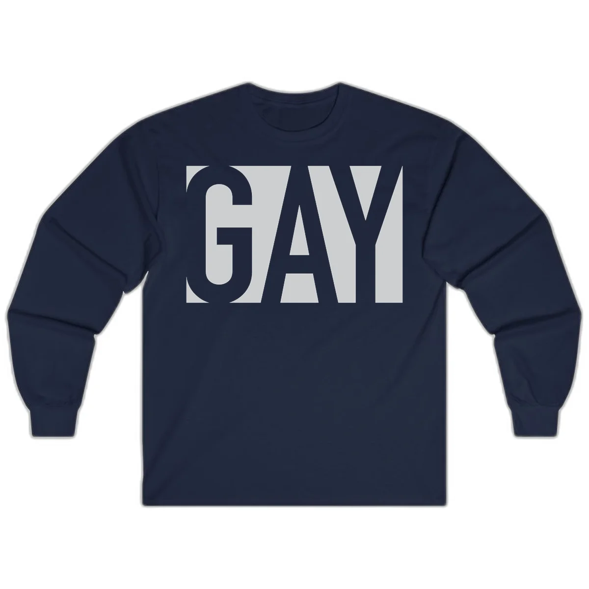 Bold gray and white typography design with the word 'GAY' in large, thick sans-serif letters on a light background in Navy