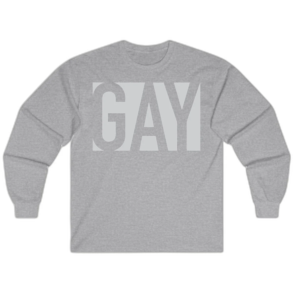 Bold gray and white typography design with the word 'GAY' in large, thick sans-serif letters on a light background in Sport Grey