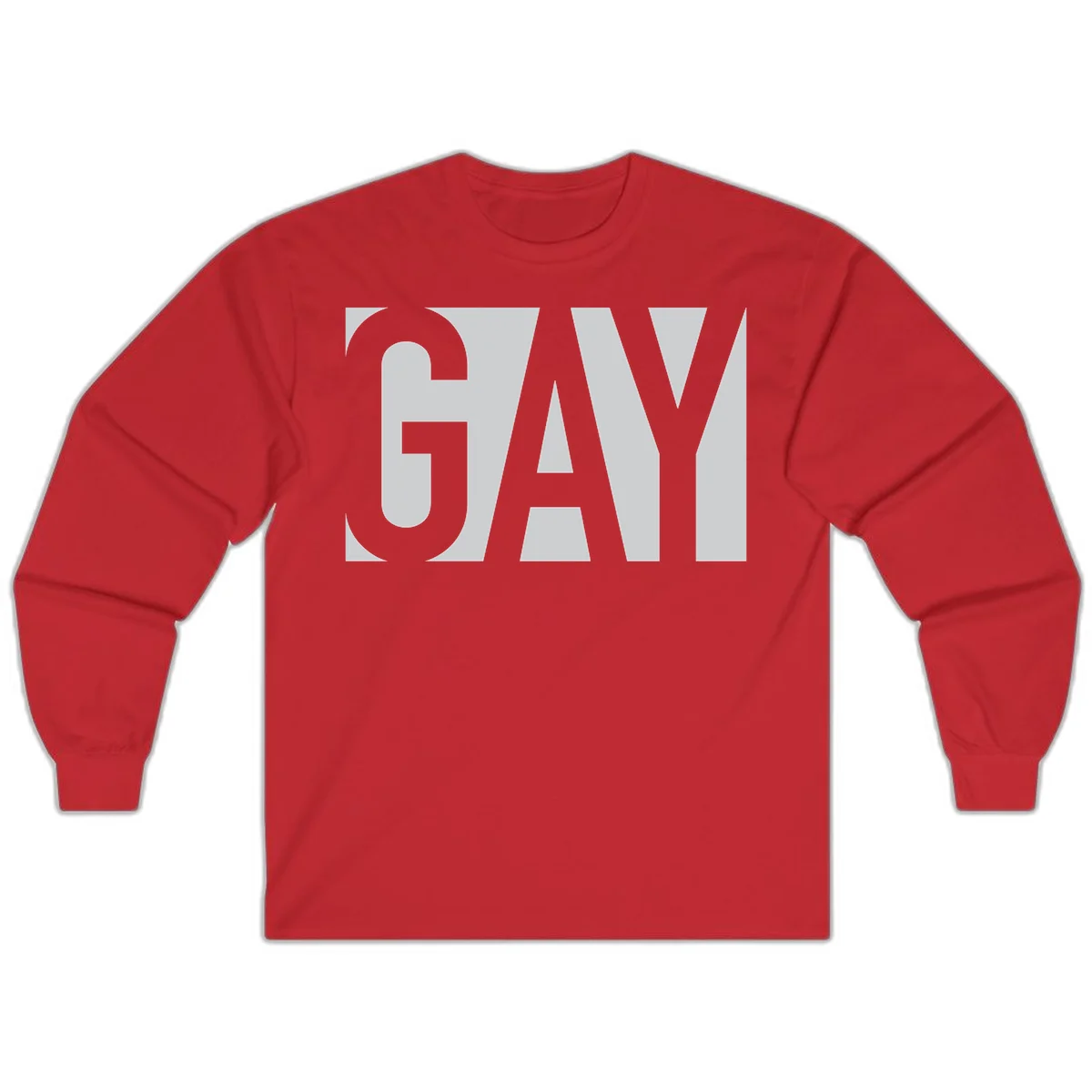 Bold gray and white typography design with the word 'GAY' in large, thick sans-serif letters on a light background in Red
