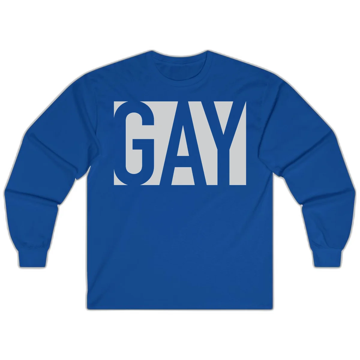Bold gray and white typography design with the word 'GAY' in large, thick sans-serif letters on a light background in Royal
