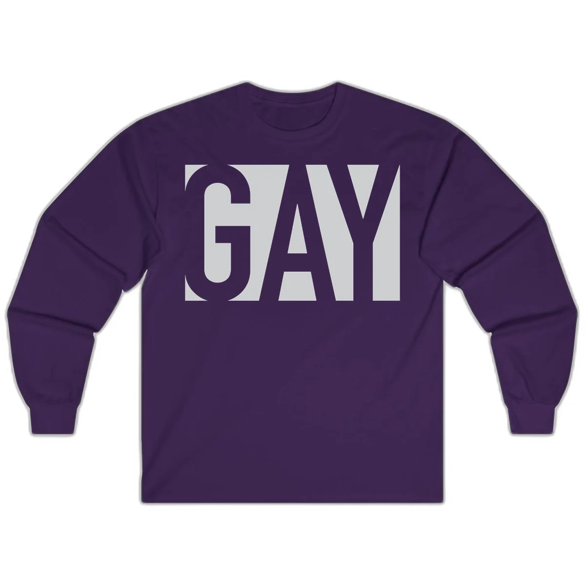 Bold gray and white typography design with the word 'GAY' in large, thick sans-serif letters on a light background in Purple