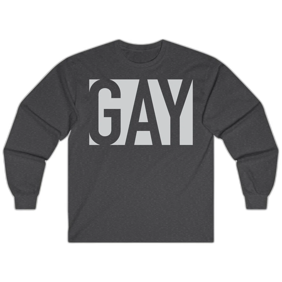 Bold gray and white typography design with the word 'GAY' in large, thick sans-serif letters on a light background in Dark Heather
