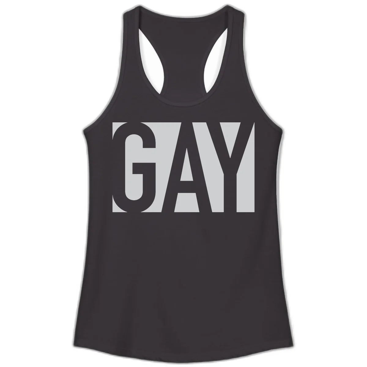 Bold gray and white typography design with the word 'GAY' in large, thick sans-serif letters on a light background in Black