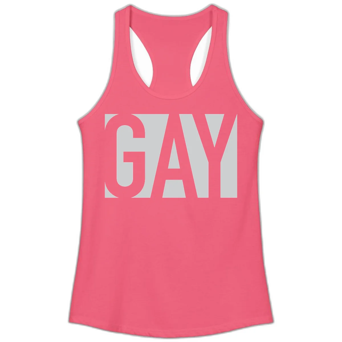 Bold gray and white typography design with the word 'GAY' in large, thick sans-serif letters on a light background in Hot Pink