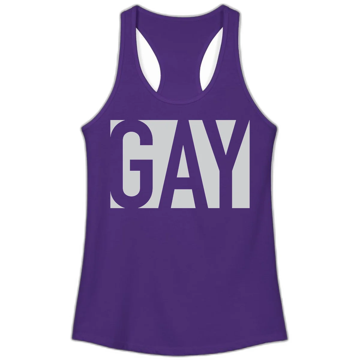 Bold gray and white typography design with the word 'GAY' in large, thick sans-serif letters on a light background in Solid Purple Rush