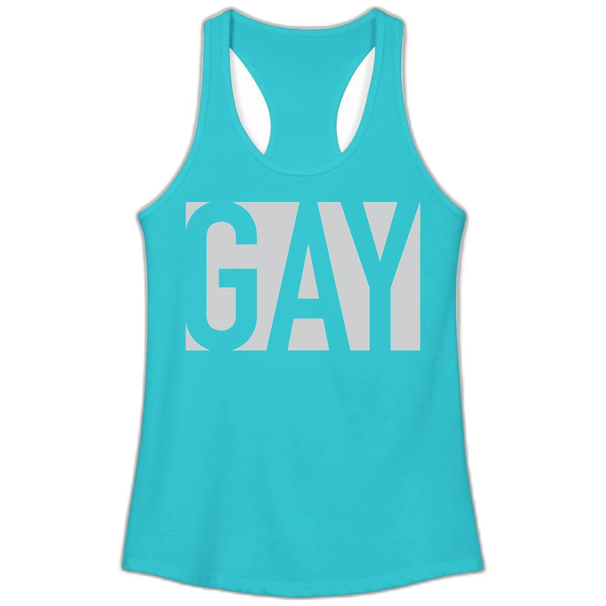 Bold gray and white typography design with the word 'GAY' in large, thick sans-serif letters on a light background in Solid Tahiti Blue