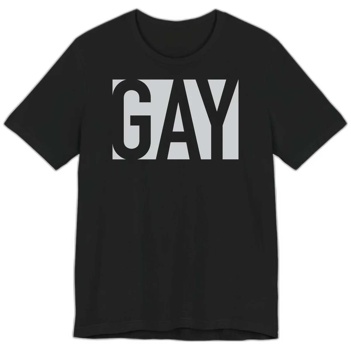 Bold gray and white typography design with the word 'GAY' in large, thick sans-serif letters on a light background in Black