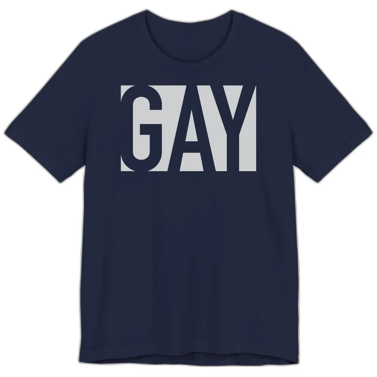 Bold gray and white typography design with the word 'GAY' in large, thick sans-serif letters on a light background in Navy