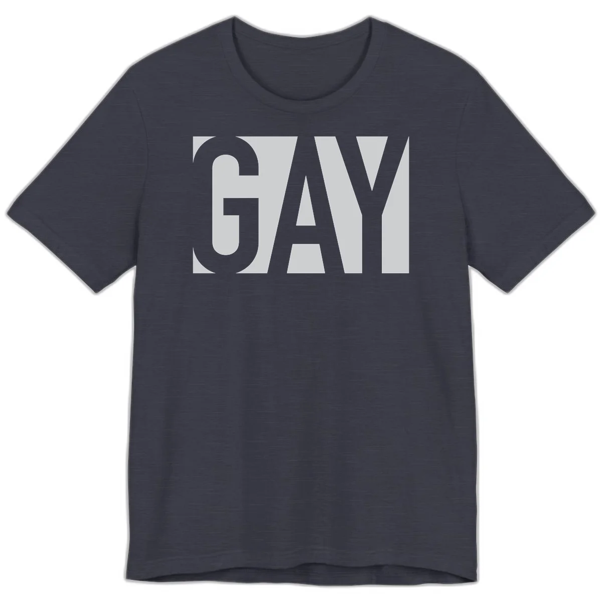 Bold gray and white typography design with the word 'GAY' in large, thick sans-serif letters on a light background in Heather Midnight Navy