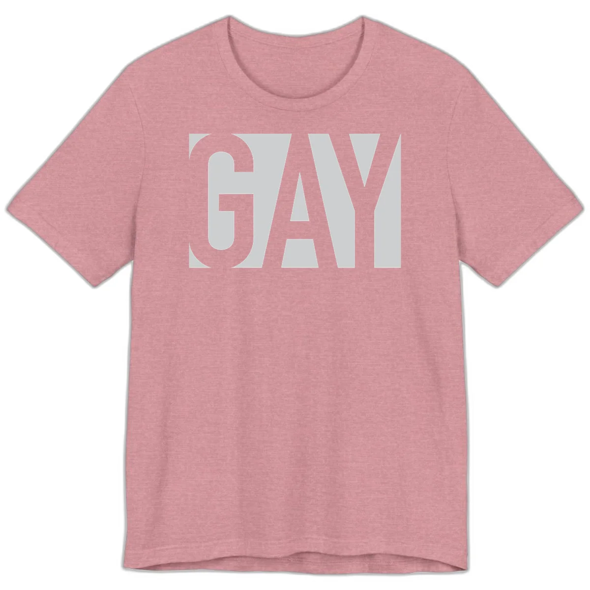 Bold gray and white typography design with the word 'GAY' in large, thick sans-serif letters on a light background in Heather Orchid