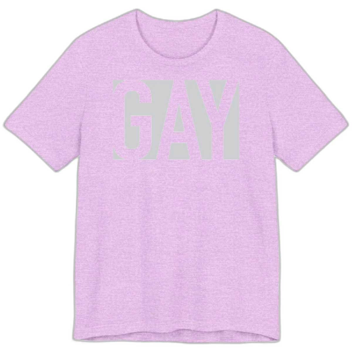 Bold gray and white typography design with the word 'GAY' in large, thick sans-serif letters on a light background in Heather Prism Lilac