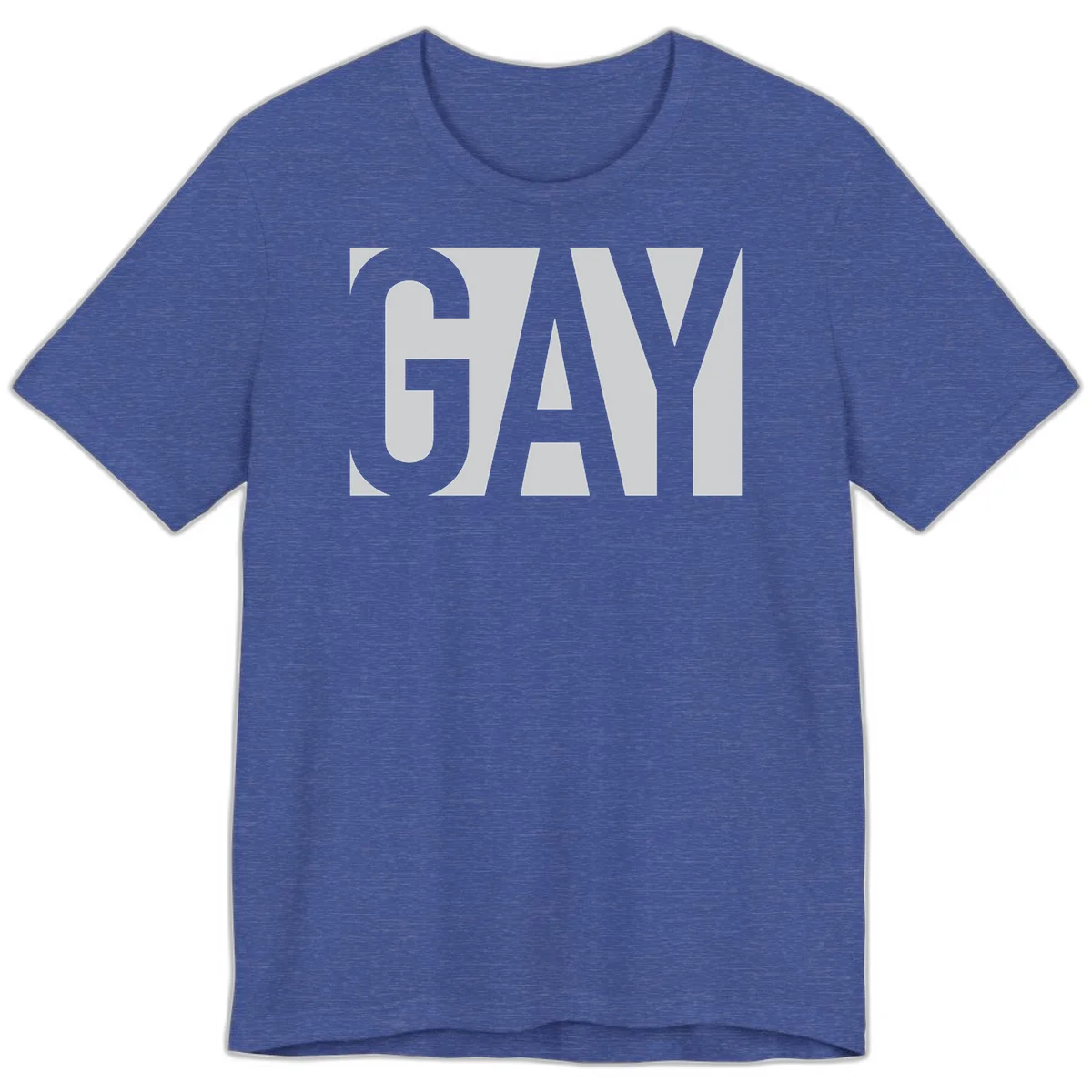 Bold gray and white typography design with the word 'GAY' in large, thick sans-serif letters on a light background in Heather True Royal