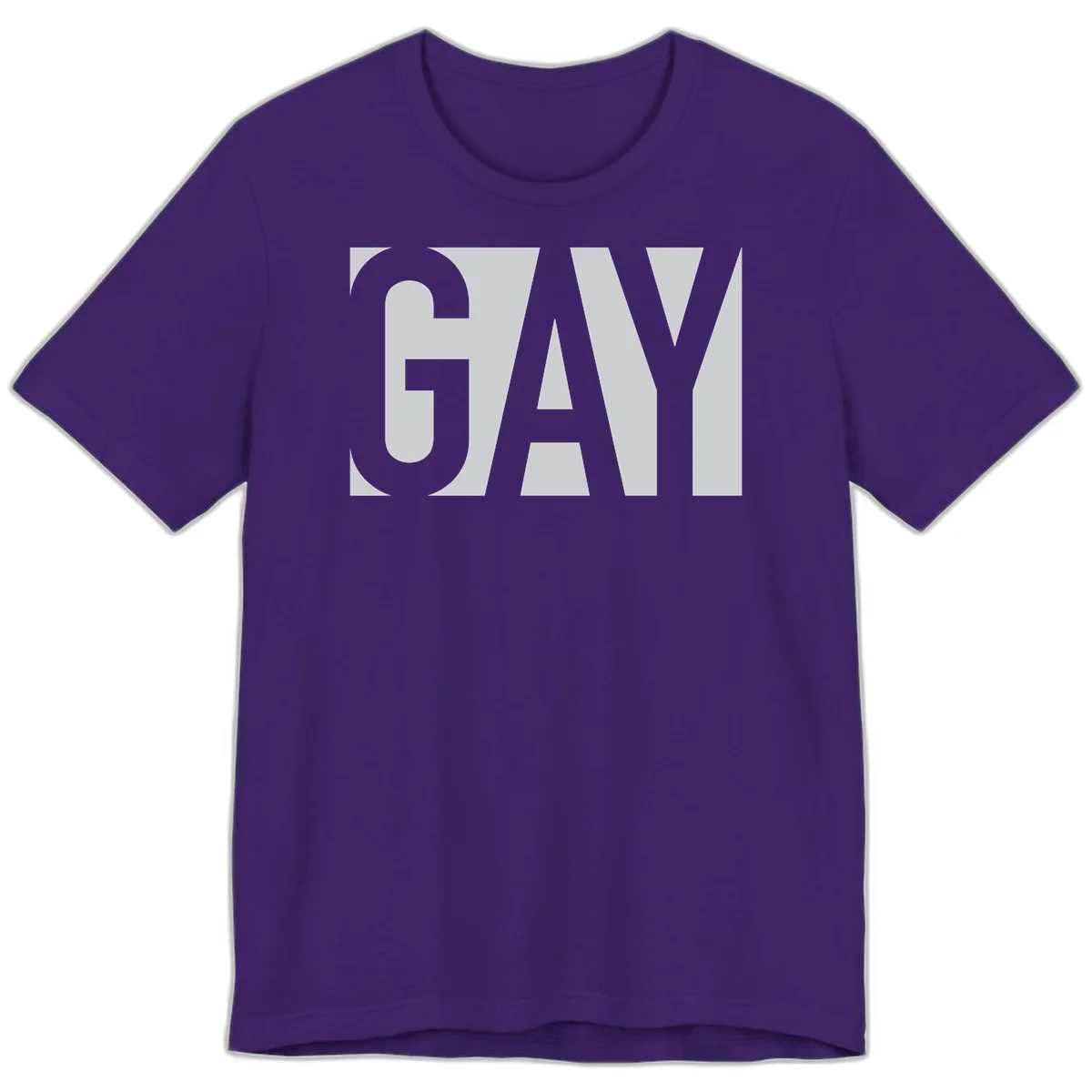 Bold gray and white typography design with the word 'GAY' in large, thick sans-serif letters on a light background in Team Purple