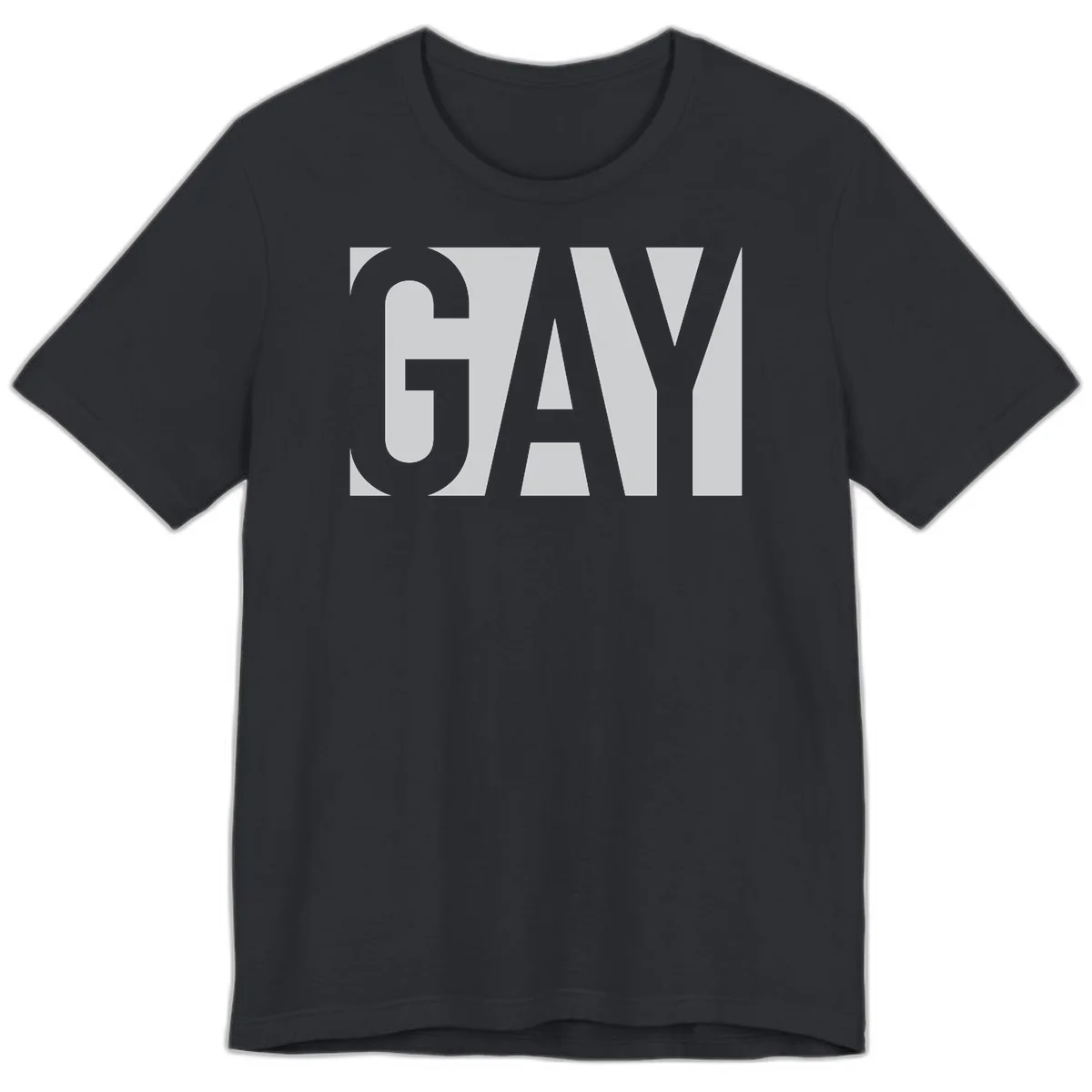 Bold gray and white typography design with the word 'GAY' in large, thick sans-serif letters on a light background in Vintage Black