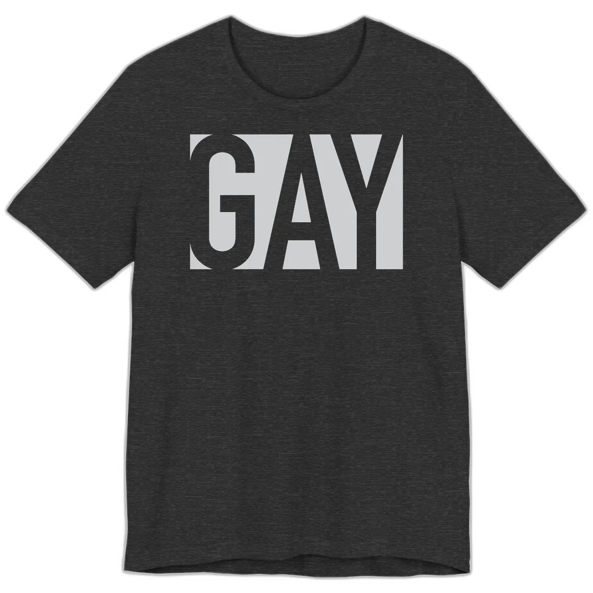 Bold gray and white typography design with the word 'GAY' in large, thick sans-serif letters on a light background in Dark Grey Heather