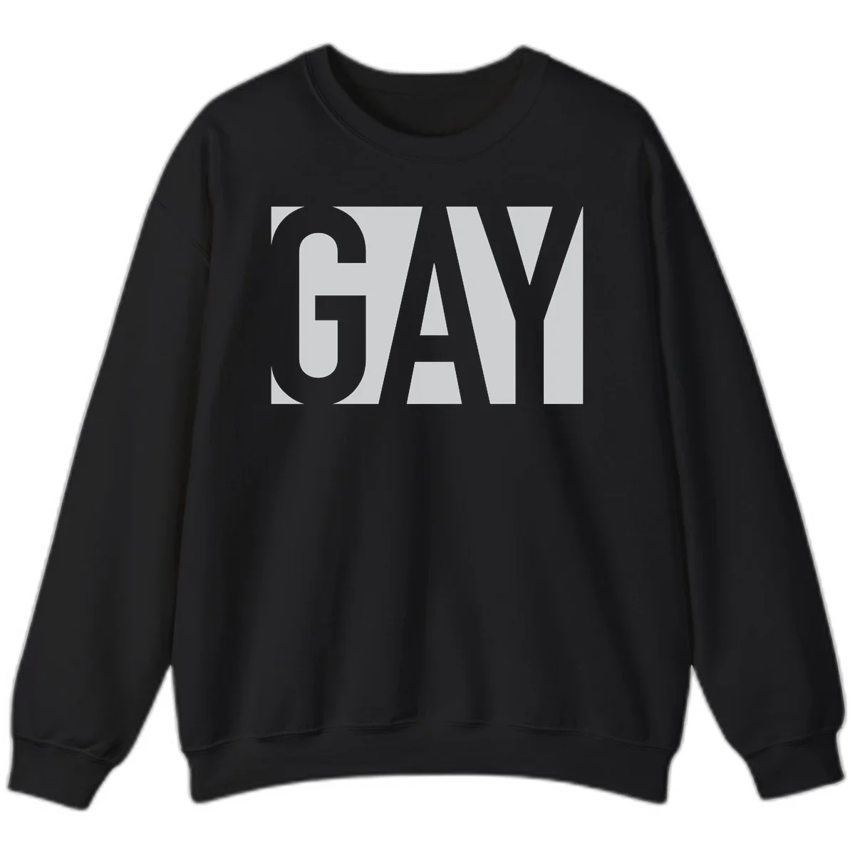 Bold gray and white typography design with the word 'GAY' in large, thick sans-serif letters on a light background in Black