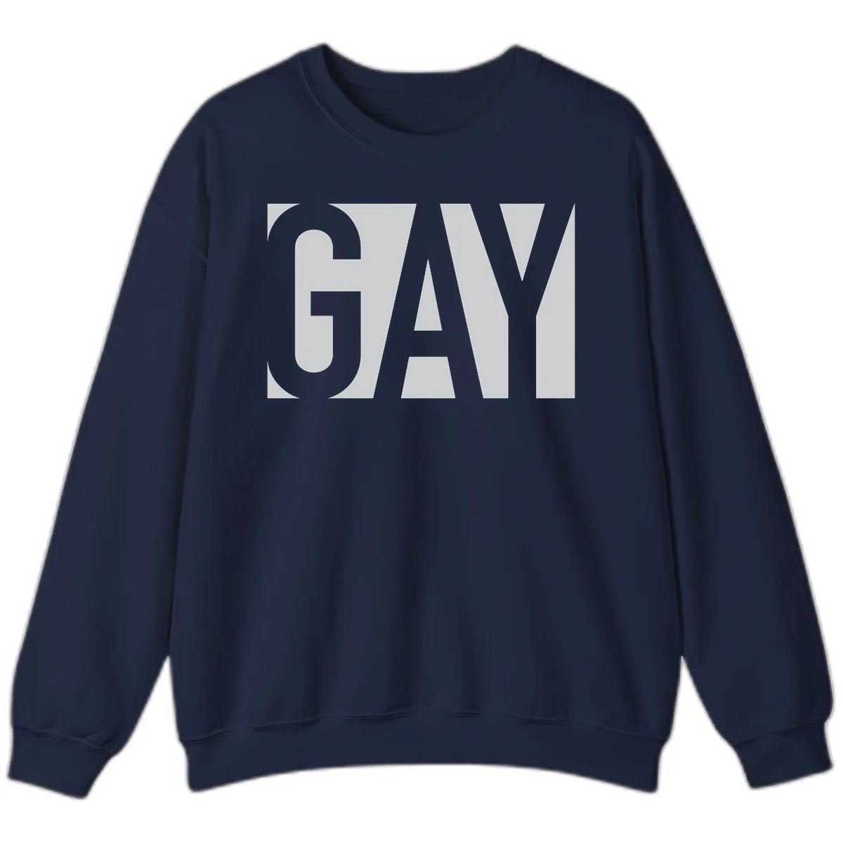 Bold gray and white typography design with the word 'GAY' in large, thick sans-serif letters on a light background in Navy