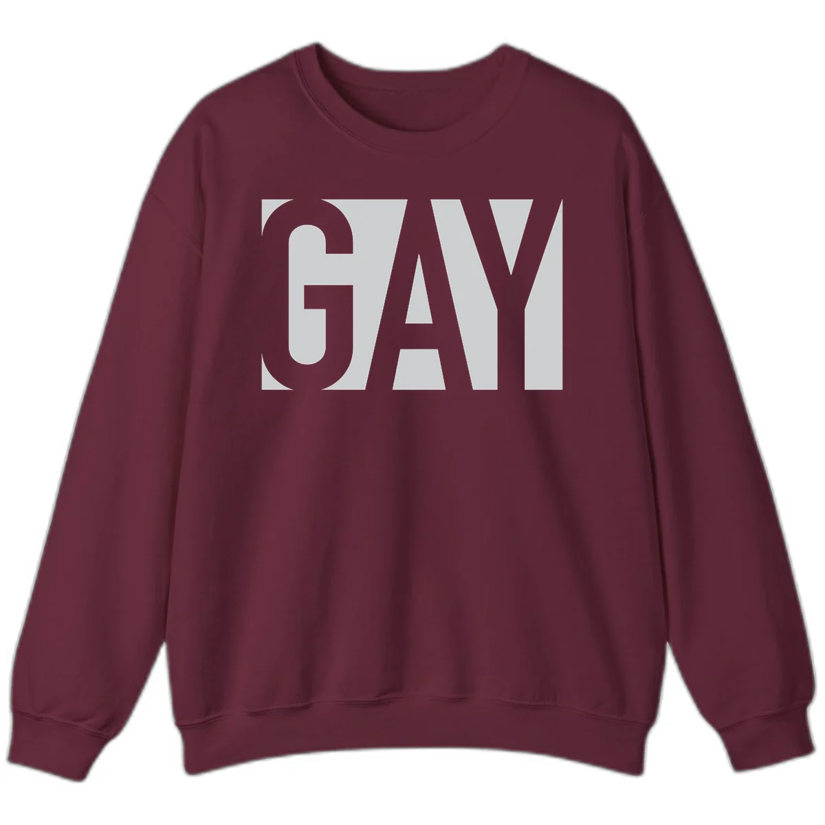 Bold gray and white typography design with the word 'GAY' in large, thick sans-serif letters on a light background in Maroon