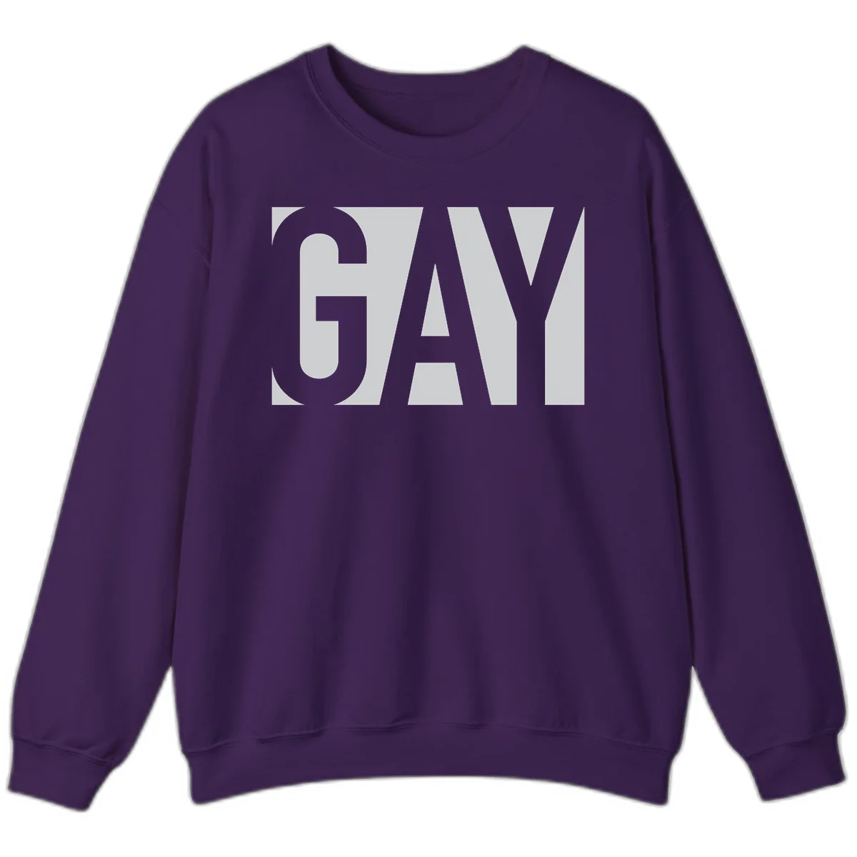 Bold gray and white typography design with the word 'GAY' in large, thick sans-serif letters on a light background in Purple