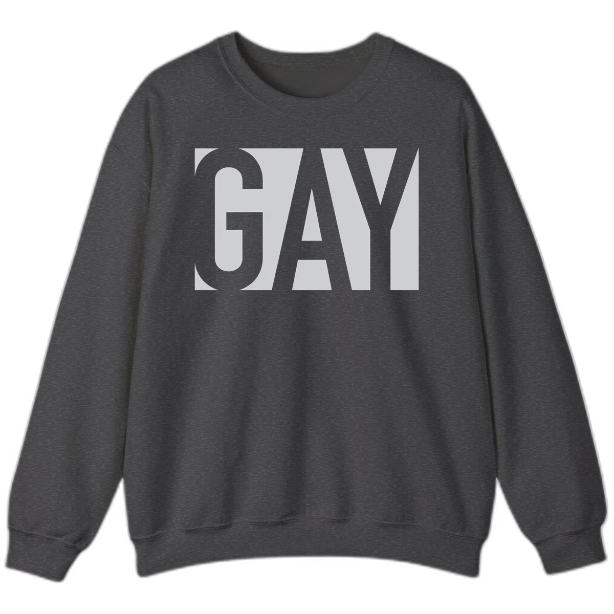 Bold gray and white typography design with the word 'GAY' in large, thick sans-serif letters on a light background in Dark Heather
