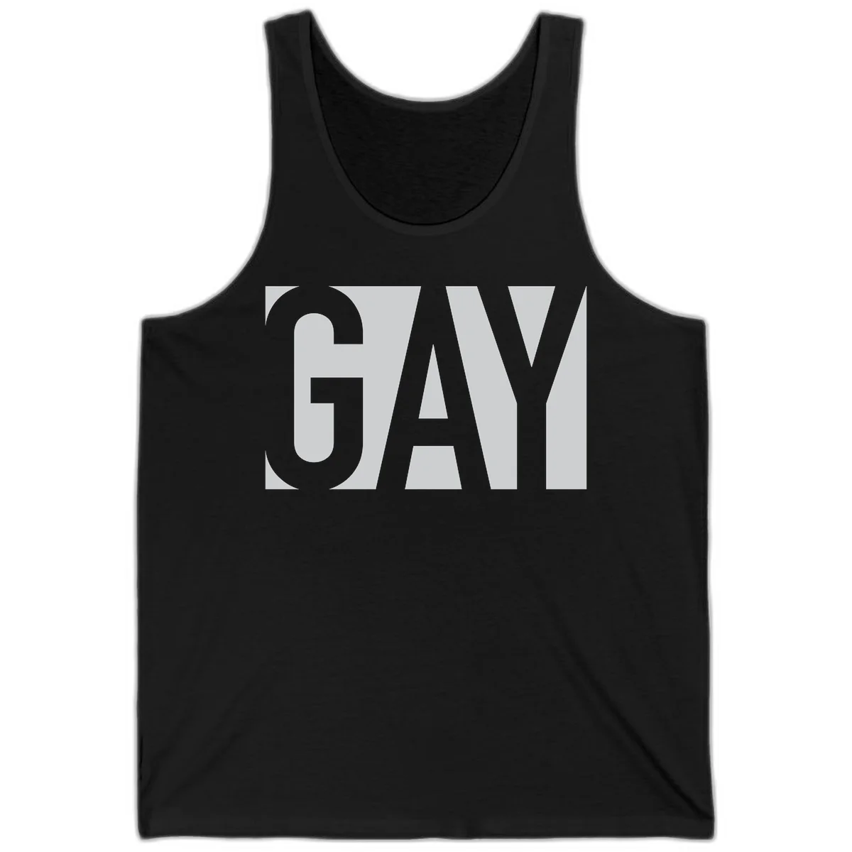 Bold gray and white typography design with the word 'GAY' in large, thick sans-serif letters on a light background in Black
