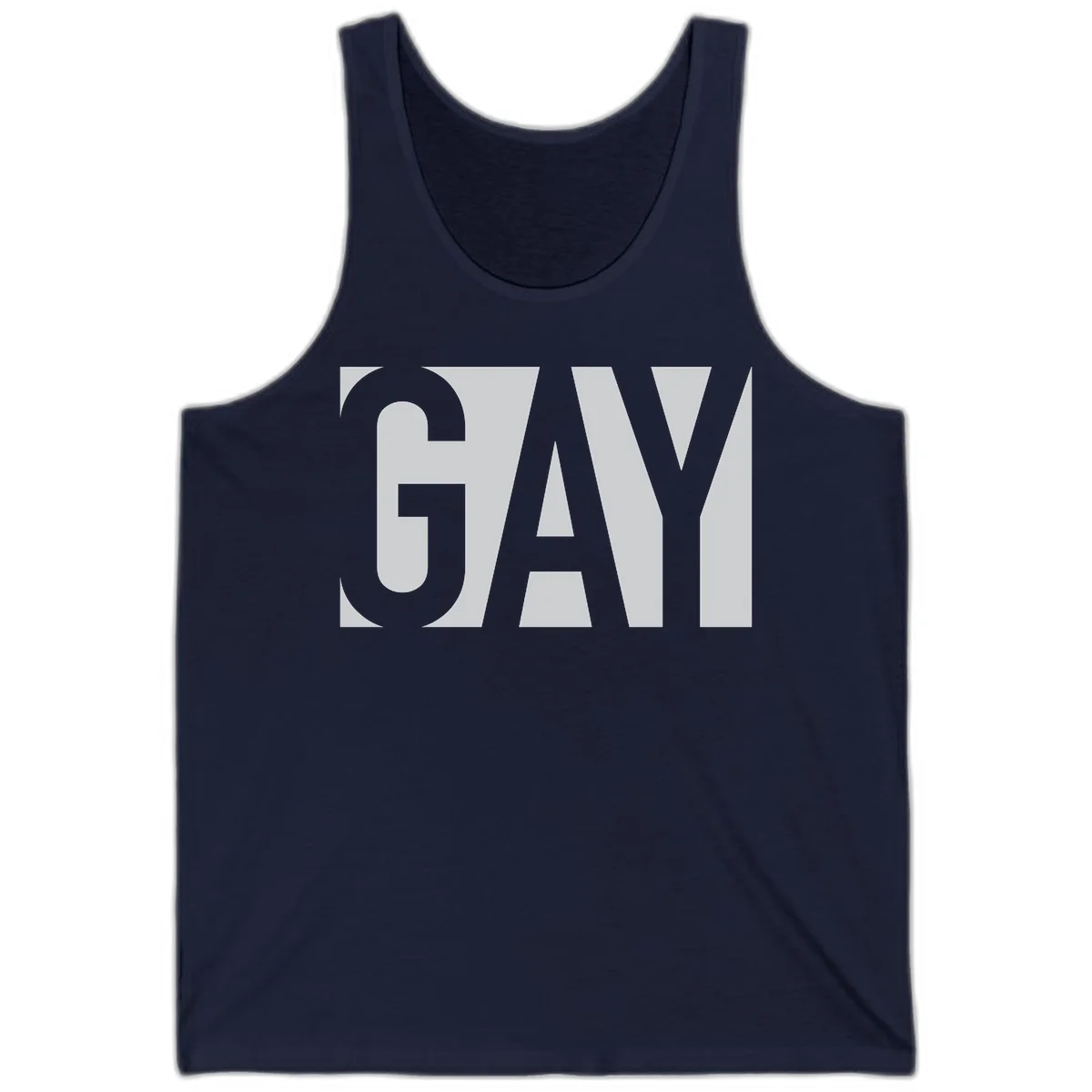 Bold gray and white typography design with the word 'GAY' in large, thick sans-serif letters on a light background in Navy