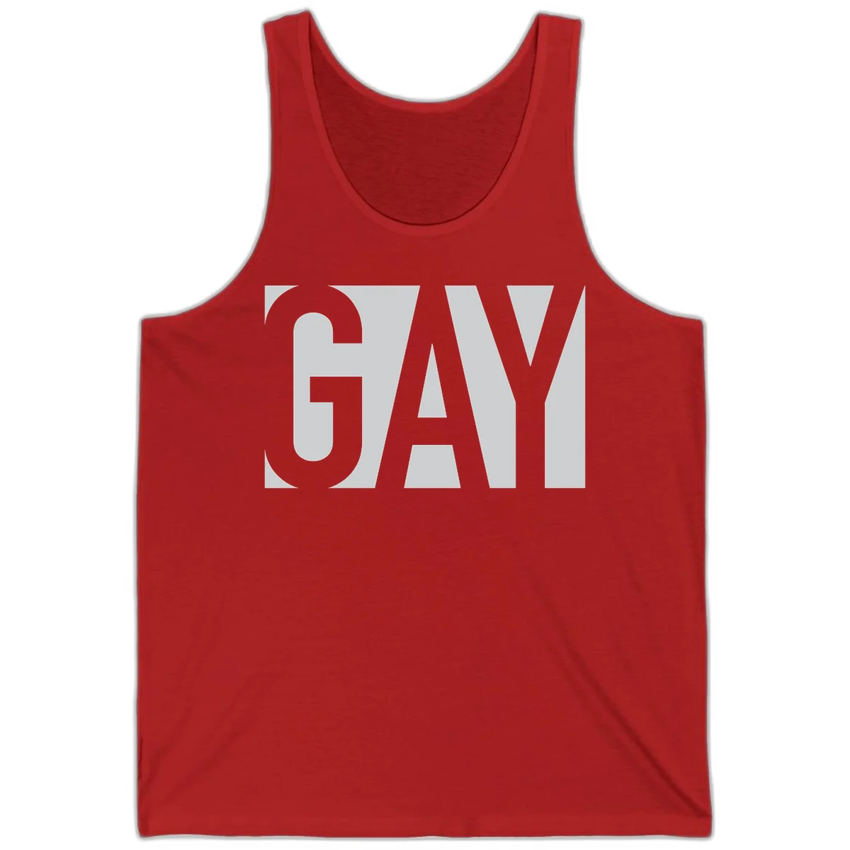 Bold gray and white typography design with the word 'GAY' in large, thick sans-serif letters on a light background in Red
