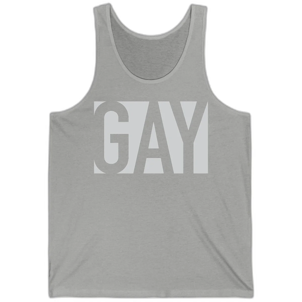 Bold gray and white typography design with the word 'GAY' in large, thick sans-serif letters on a light background in Athletic Heather