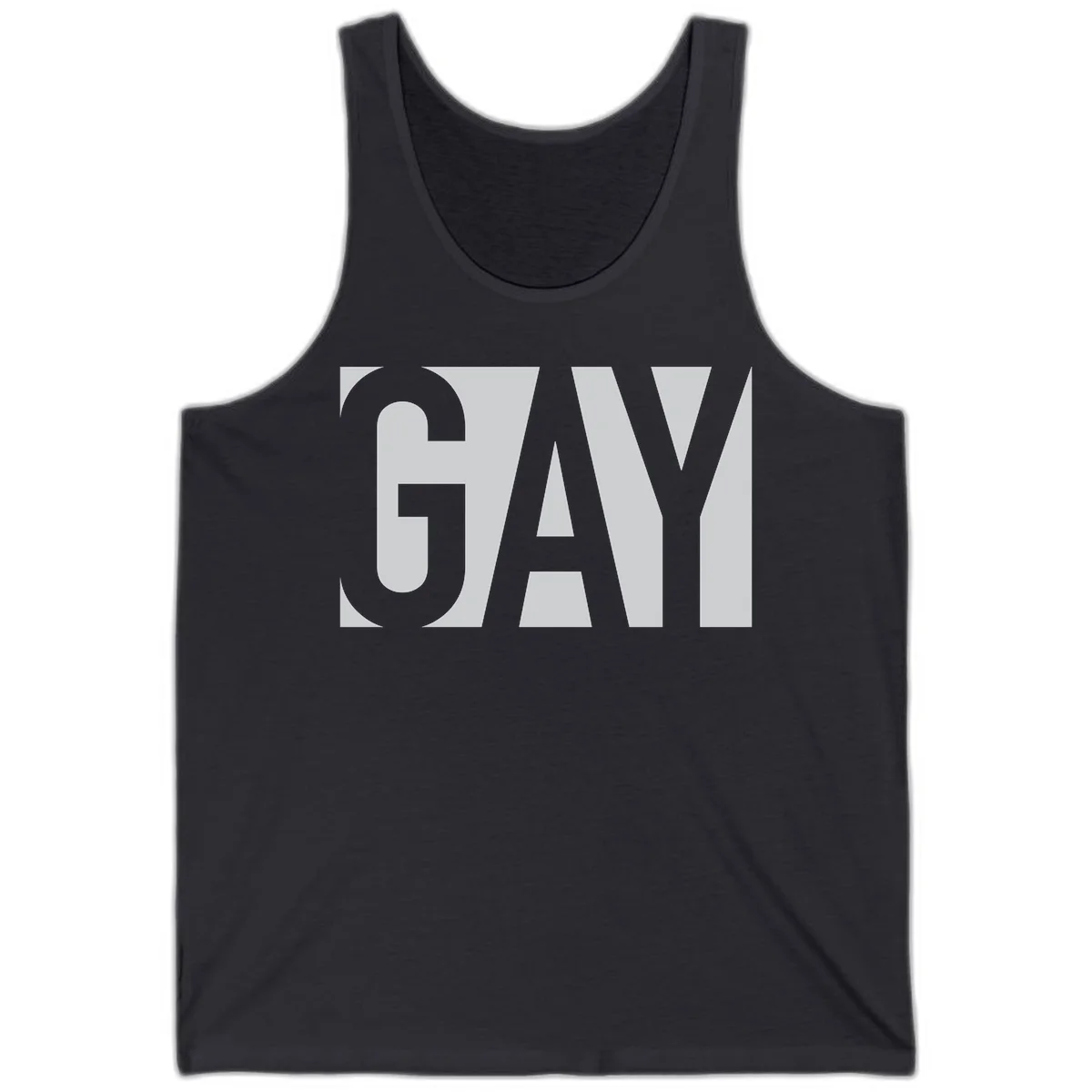 Bold gray and white typography design with the word 'GAY' in large, thick sans-serif letters on a light background in Dark Grey