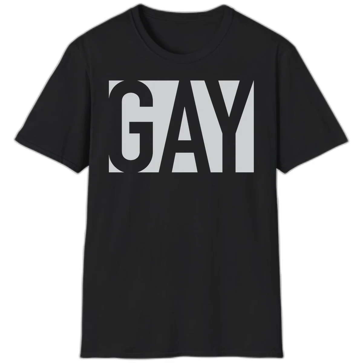 Bold gray and white typography design with the word 'GAY' in large, thick sans-serif letters on a light background in Black