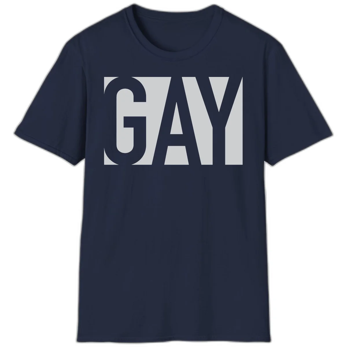 Bold gray and white typography design with the word 'GAY' in large, thick sans-serif letters on a light background in Navy