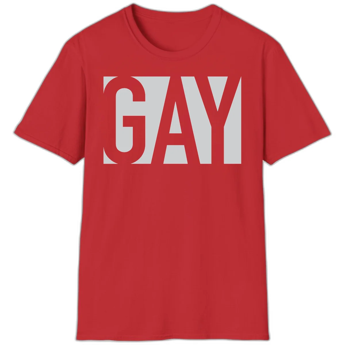 Bold gray and white typography design with the word 'GAY' in large, thick sans-serif letters on a light background in Red