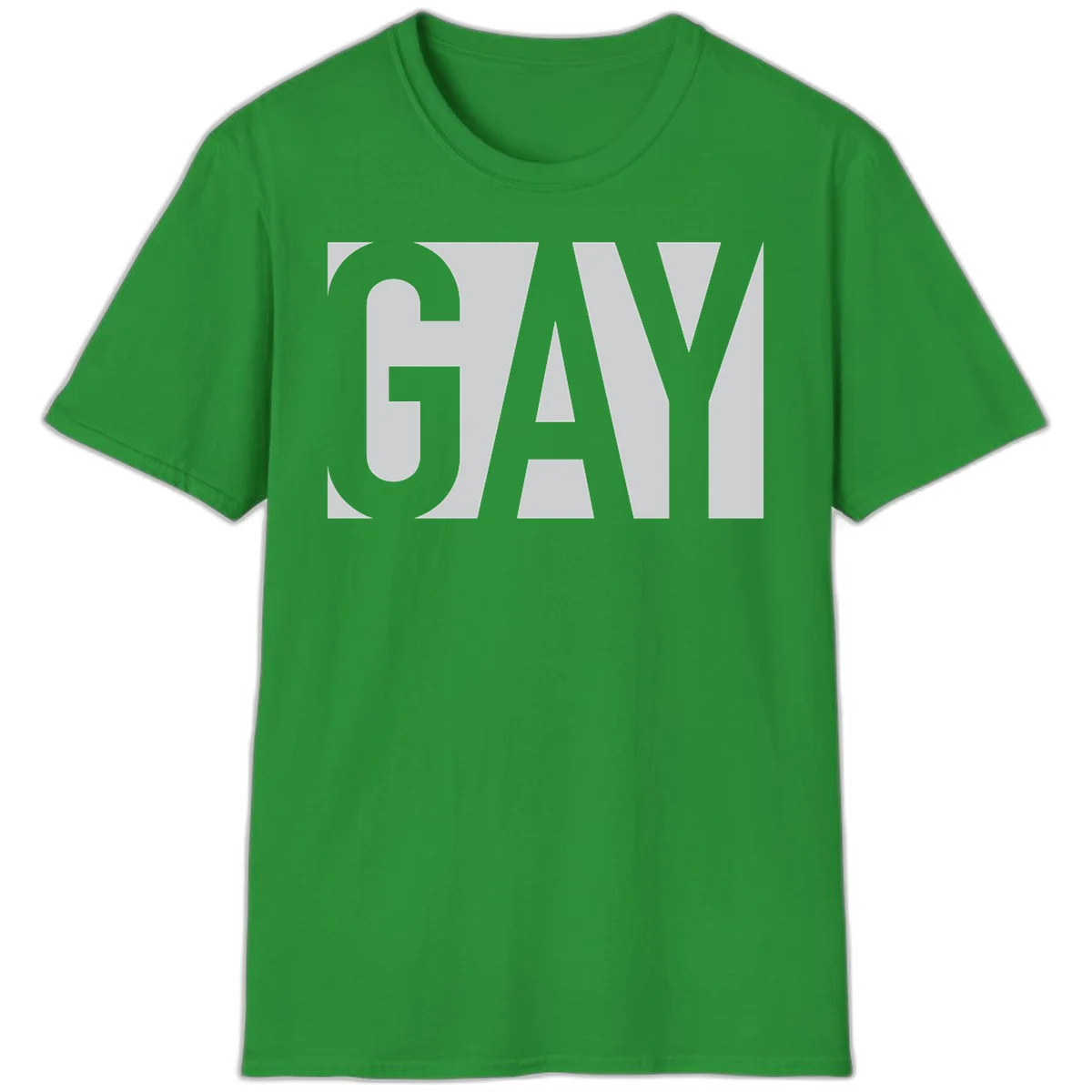 Bold gray and white typography design with the word 'GAY' in large, thick sans-serif letters on a light background in Irish Green