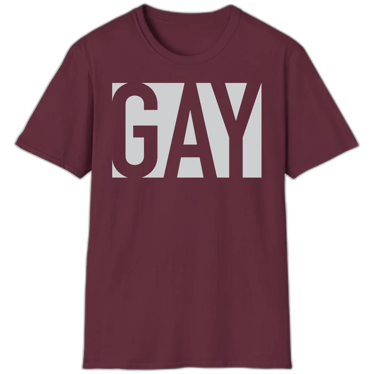 Bold gray and white typography design with the word 'GAY' in large, thick sans-serif letters on a light background in Maroon