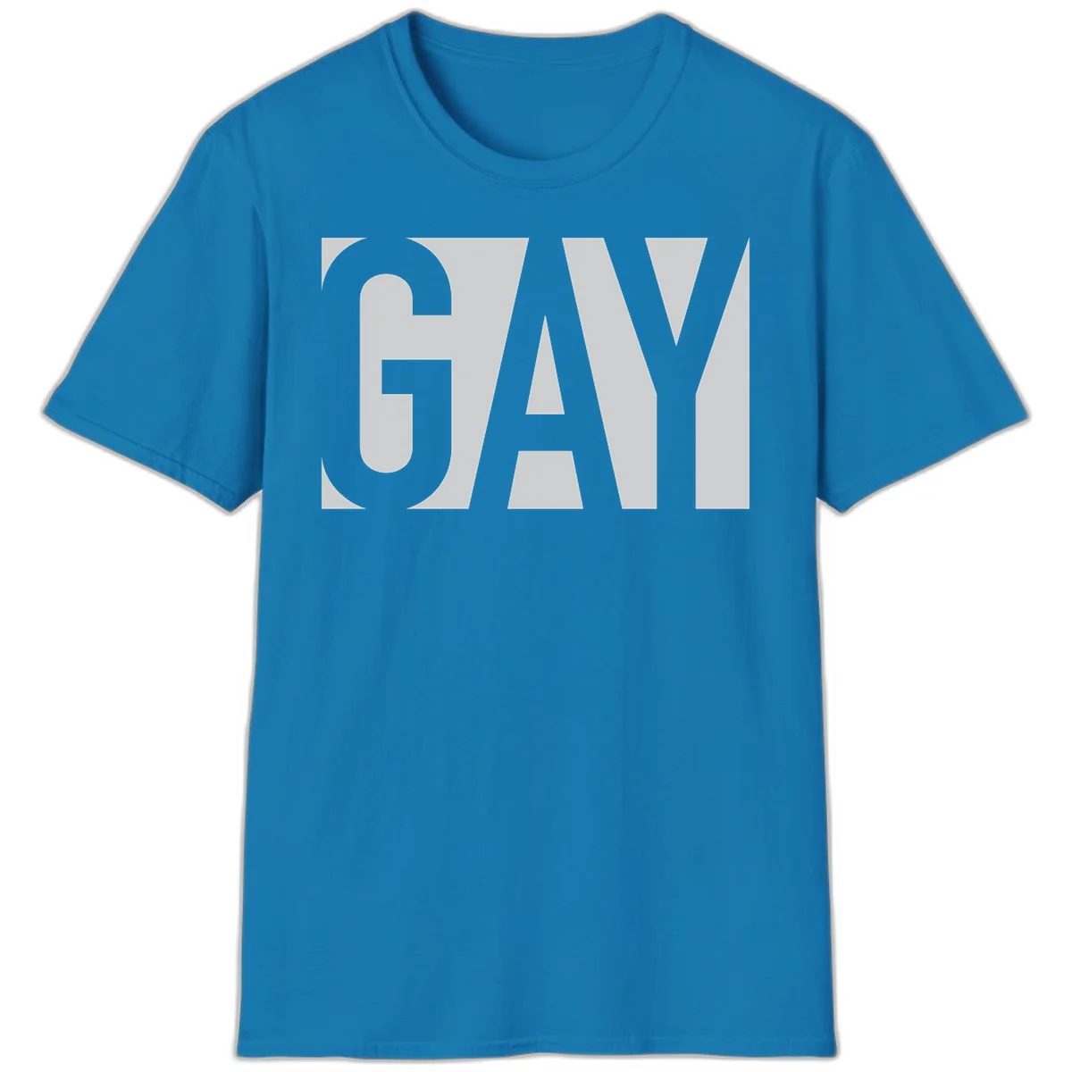 Bold gray and white typography design with the word 'GAY' in large, thick sans-serif letters on a light background in Sapphire