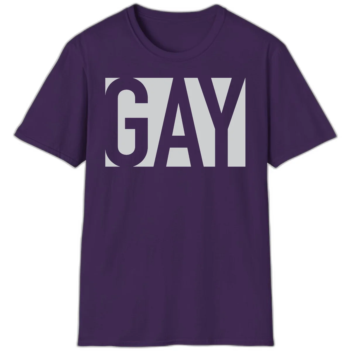 Bold gray and white typography design with the word 'GAY' in large, thick sans-serif letters on a light background in Purple