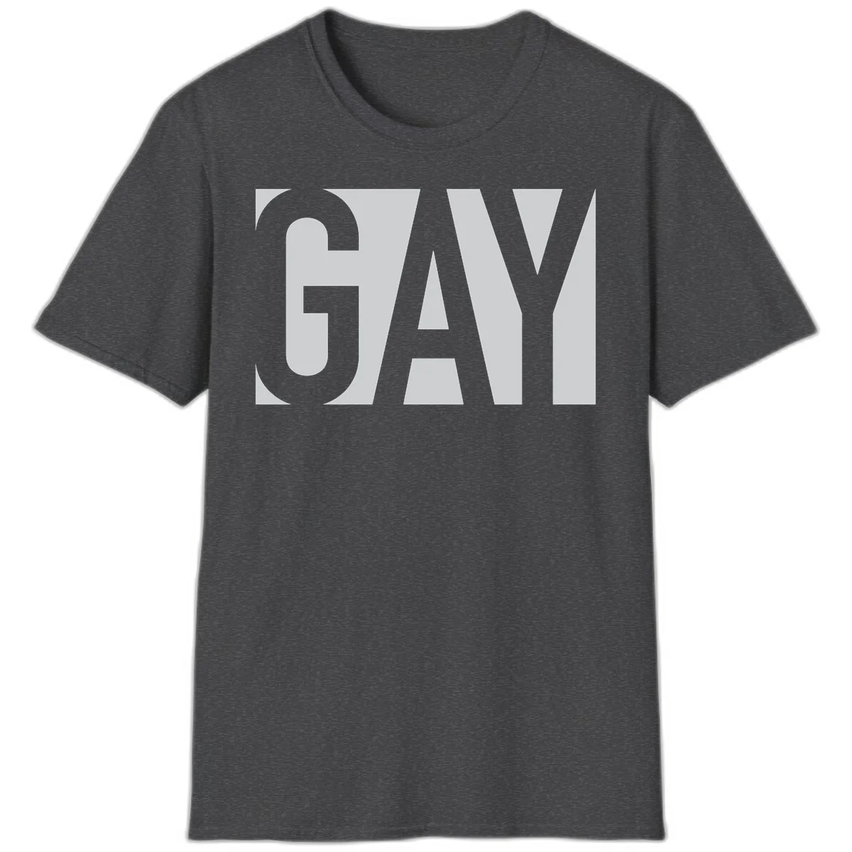 Bold gray and white typography design with the word 'GAY' in large, thick sans-serif letters on a light background in Dark Heather