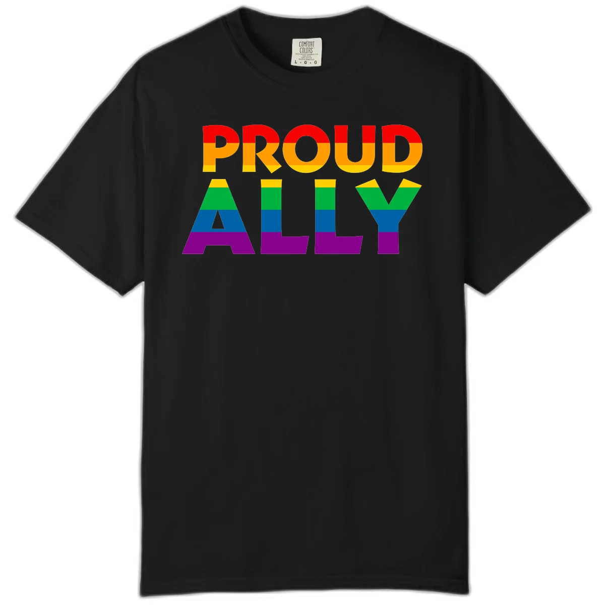 Proud Ally design with rainbow-striped letters in pride flag colors on gray background in Black