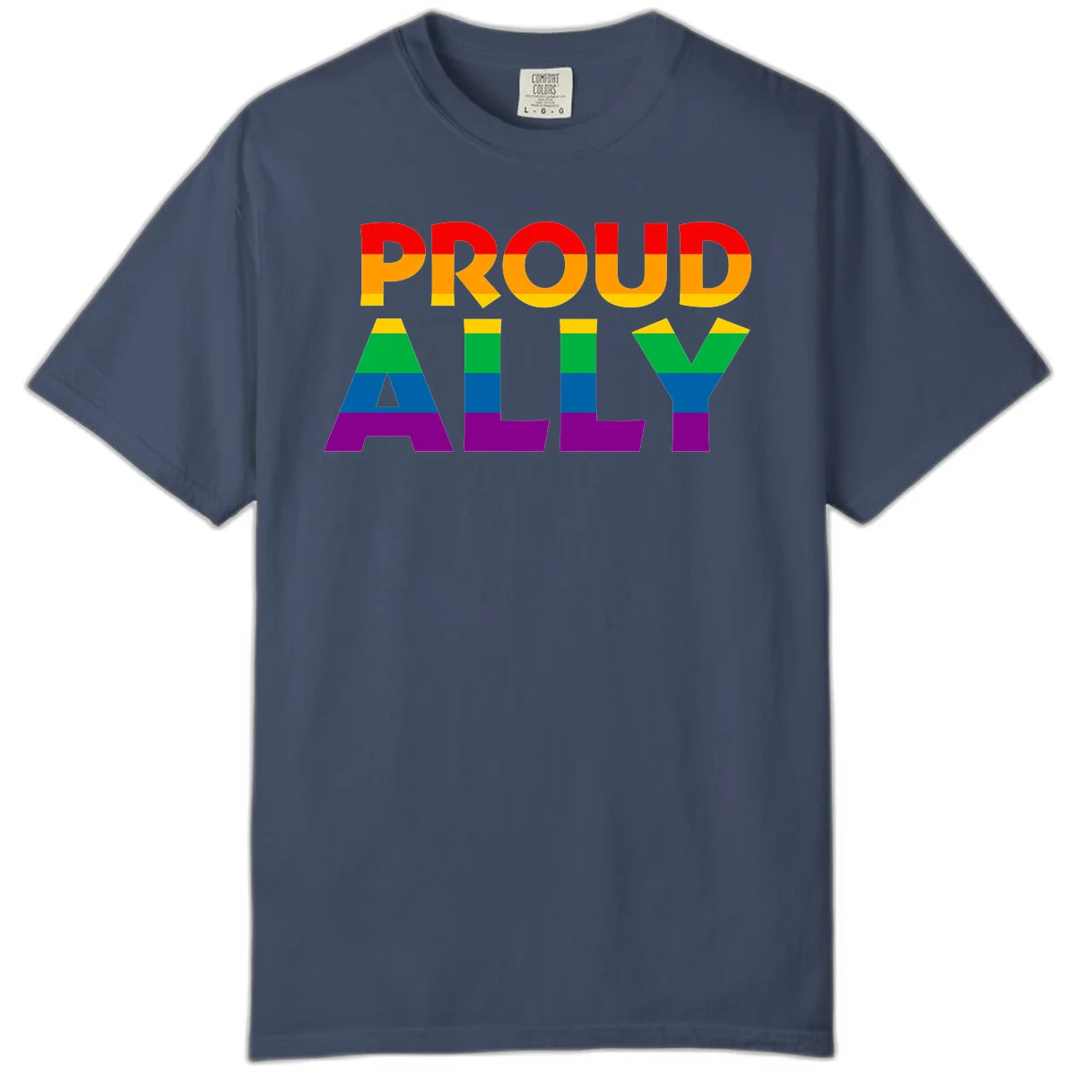 Proud Ally design with rainbow-striped letters in pride flag colors on gray background in Midnight