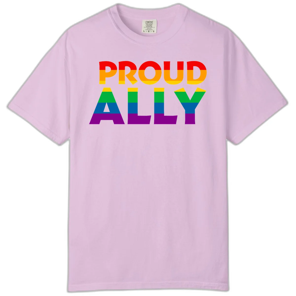 Proud Ally design with rainbow-striped letters in pride flag colors on gray background in Orchid