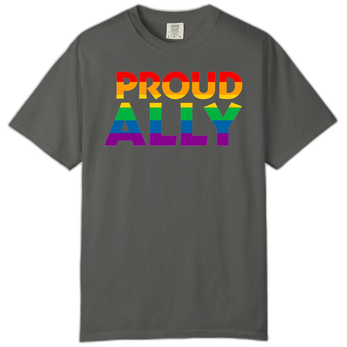 Proud Ally design with rainbow-striped letters in pride flag colors on gray background in Pepper