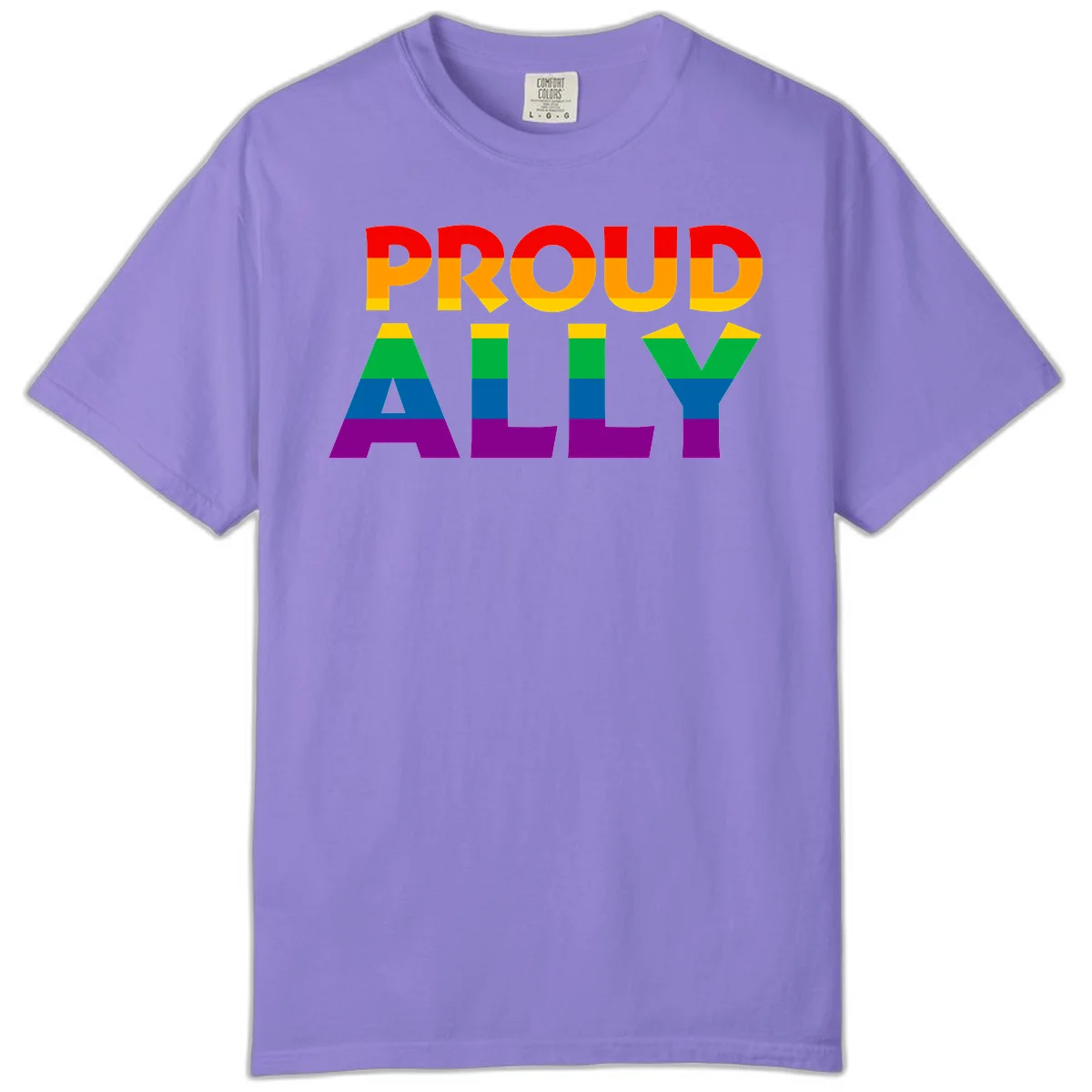 Proud Ally design with rainbow-striped letters in pride flag colors on gray background in Violet