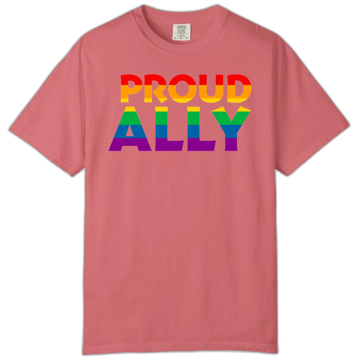 Proud Ally design with rainbow-striped letters in pride flag colors on gray background in Watermelon