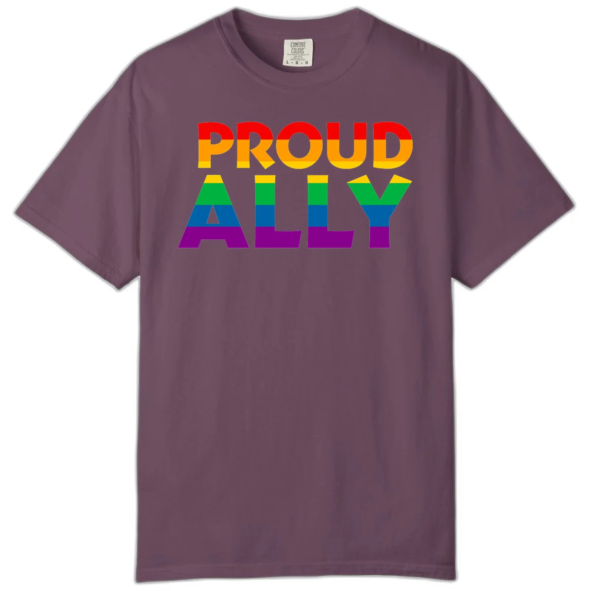Proud Ally design with rainbow-striped letters in pride flag colors on gray background in Berry