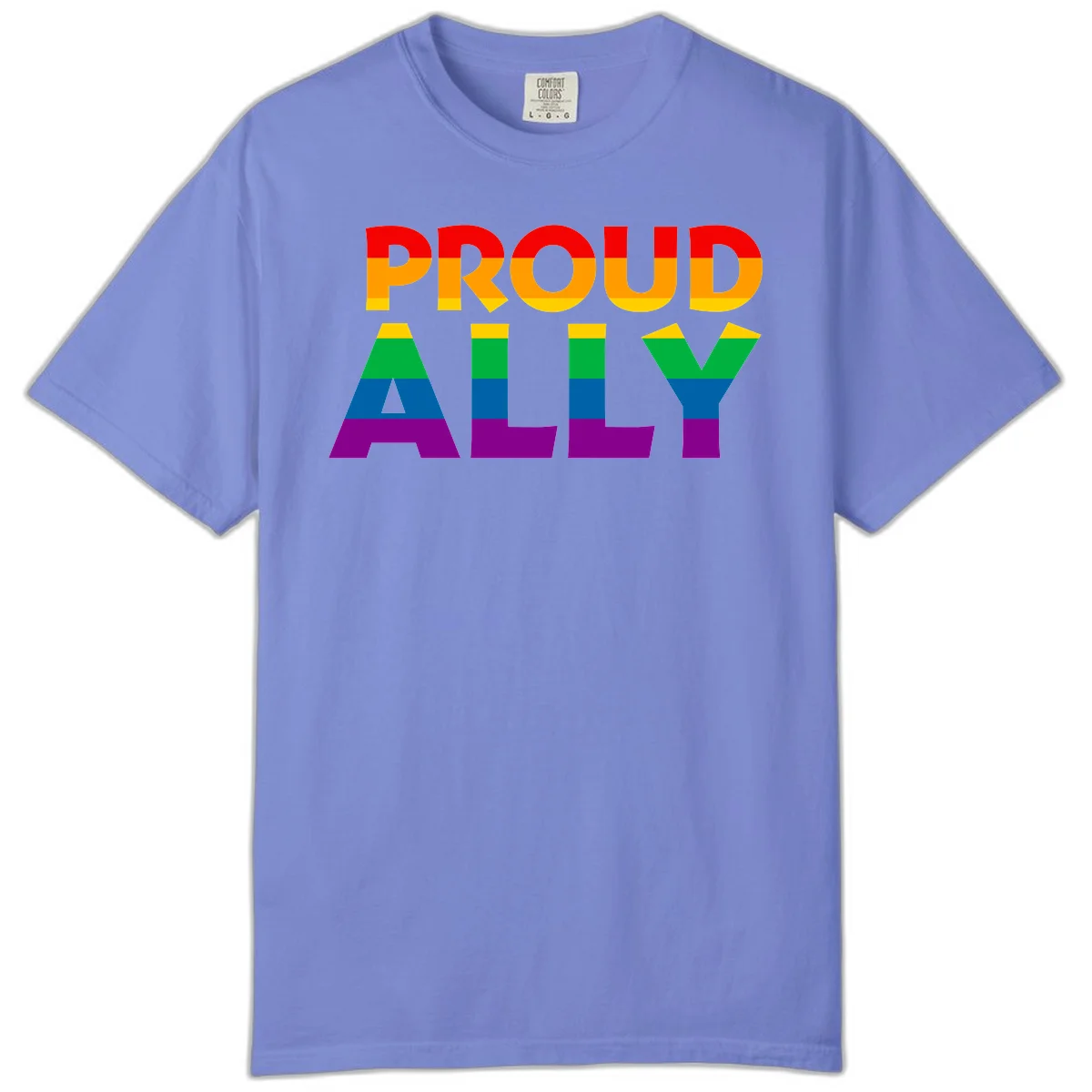 Proud Ally design with rainbow-striped letters in pride flag colors on gray background in Flo Blue