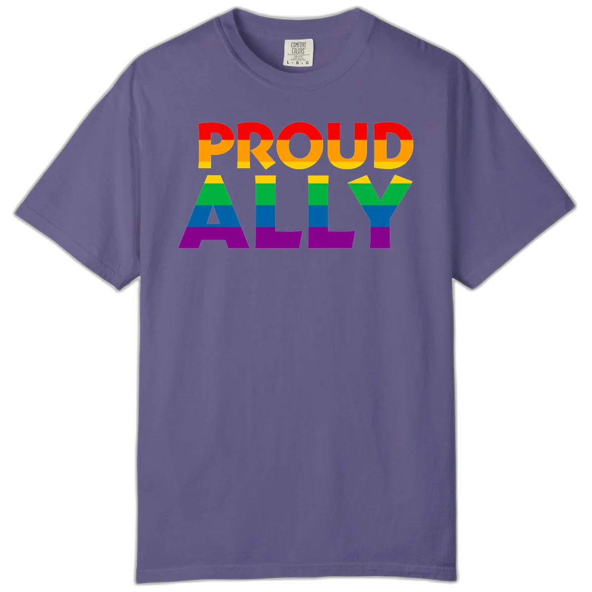 Proud Ally design with rainbow-striped letters in pride flag colors on gray background in Grape
