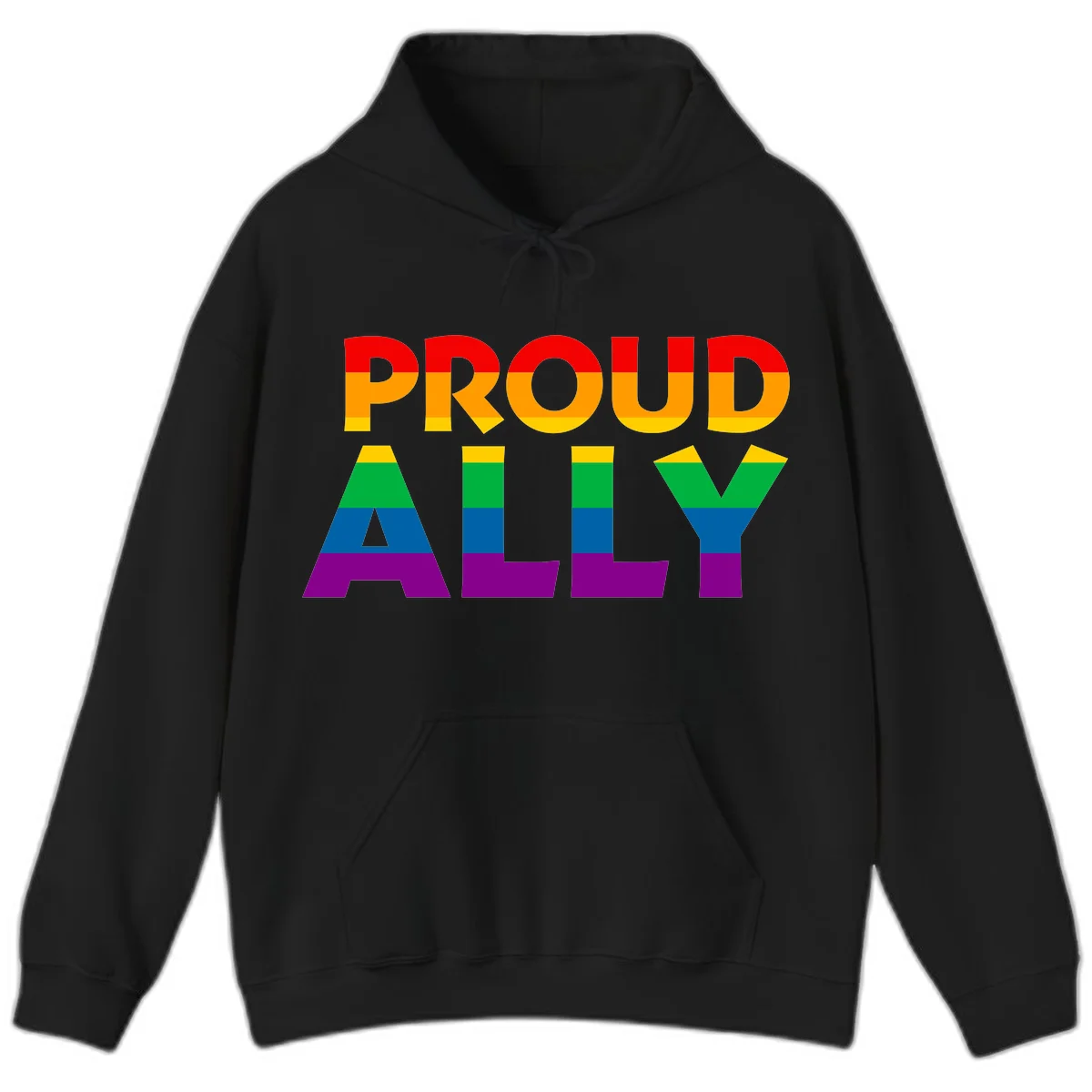 Proud Ally design with rainbow-striped letters in pride flag colors on gray background in Black