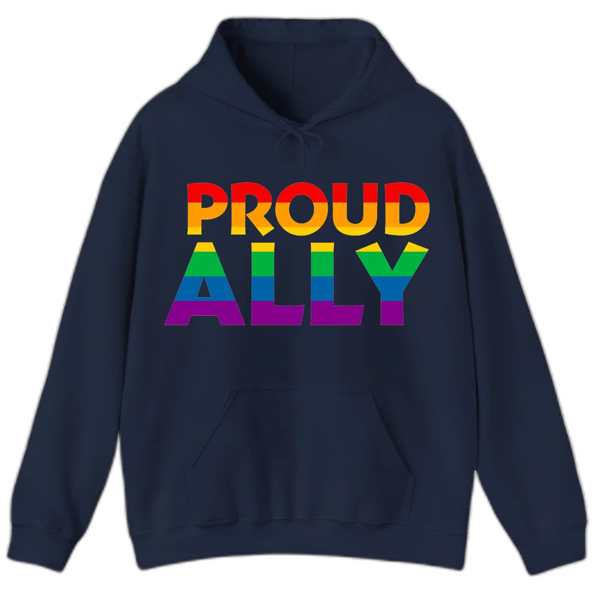 Proud Ally design with rainbow-striped letters in pride flag colors on gray background in Navy
